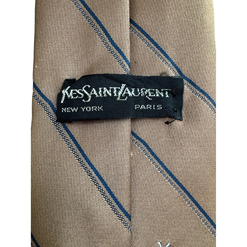Yves Saint Laurent YSL Mens Vintage Silk Tie Tan Blue Striped Designer Necktie